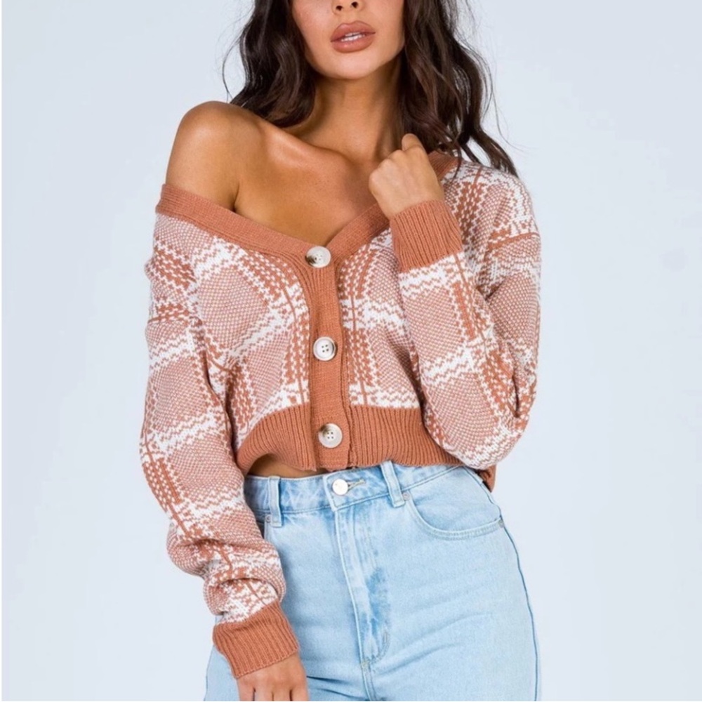 Princess Polly Caramel & White Plaid Long Sleeve Cropped Cardigan Sweater Medium